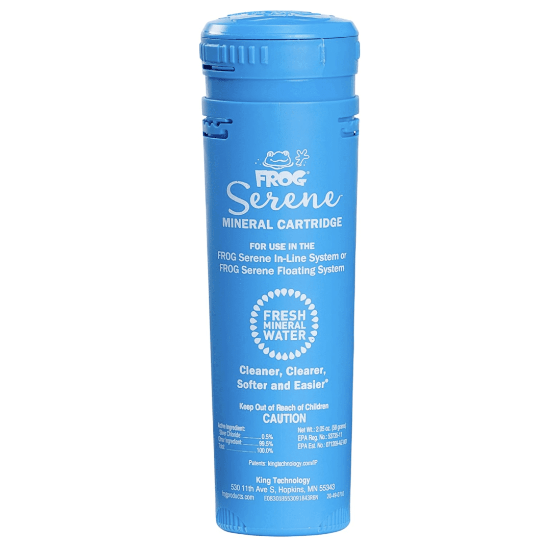 A blue bottle with a blue label on it, containing a Frog Serene Mineral Replacement Cartridge for Hot Tubs for use only with Frog Serene in-Line and Floating Sanitizing Systems for Spas up to 600 gallons, Quick and Easy Hot Tub Sanitizer.